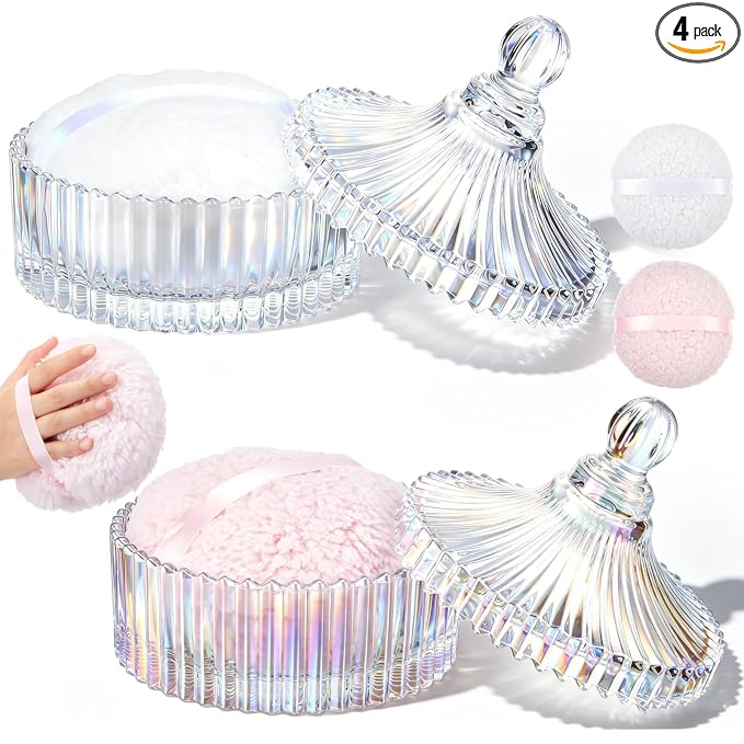 Tioncy 2 Set Extra Large Body Powder Puff and Container, 6'' Washable Vintage Decorative Crystal Powder & Container Gift for Bathroom Counter & Feminine Vanity Decor(Classic,Dazzling and Clear)