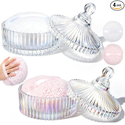 Tioncy 2 Set Extra Large Body Powder Puff and Container, 6'' Washable Vintage Decorative Crystal Powder & Container Gift for Bathroom Counter & Feminine Vanity Decor(Classic,Dazzling and Clear)