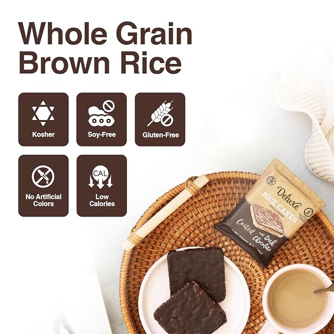Deluxe & Bla Bla Chocolate Covered Rice Cakes 57 Pack – Whole Grain, Gluten-Free, Kosher, Low-Calorie Snack – Coated with Dark Chocolate – Healthy & Crunchy Treat – Individually Wrapped, (19g Each)