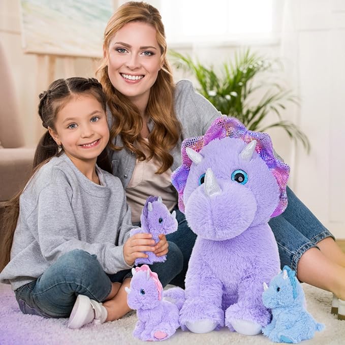 MaoGoLan Triceratops Stuffed Animal, 21" Purple Mommy Dinosaur Stuffed Animal with 3 Babies, Giant Dinosaur Plush Pillow Toy Set for Birthday Gift for Kids