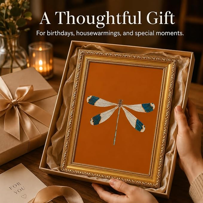 Gold Framed Dragonfly Wall Art,Antique Insect Picture Wall Decor11x9in | Burnt Orange Background Canvas Print Cottagecore For Bedroom, Study,Hallway,Entryway