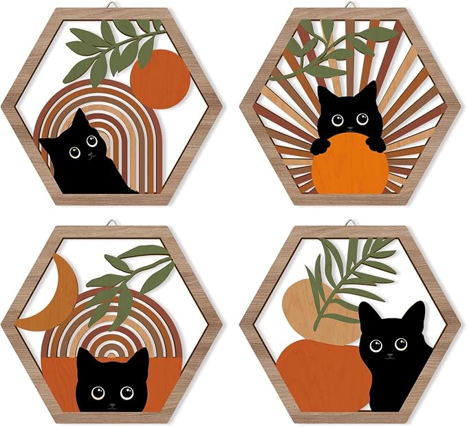 Boho Black Cat Wall Decor, Farmhouse Geometric Hanging Wooden Wall Art, 4 Pieces 11''x9.8'' Mid Century Bohemian Abstract Moon and Sun Wood Sign for Nursery Bedroom Decoration, Lovely Cat Gifts