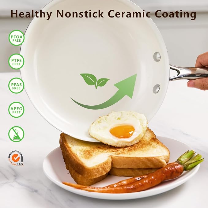 SAKAMOSH 9.5" Nonstick Ceramic Frying Pan, Non Toxic Pan, White | PTFE & PFAS & PFOA Free Ceramic Coating, Dishwasher/Oven Safe, Induction Compatible, Suitable for all Stovetops, Lightweight