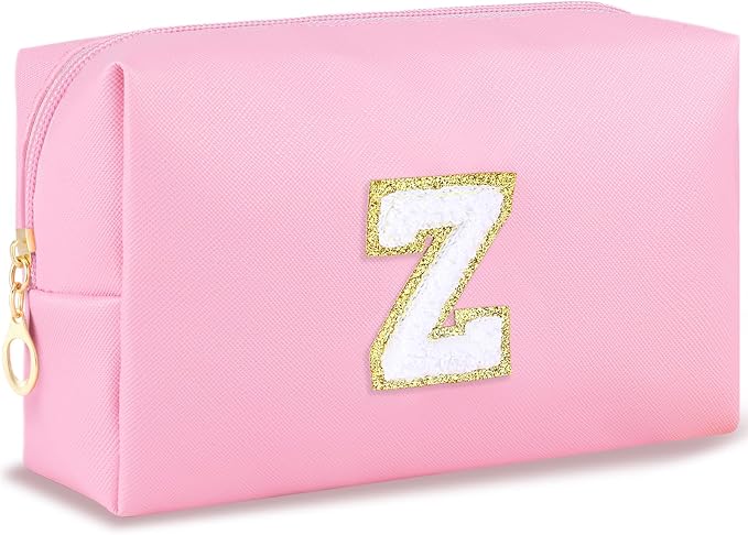 URSKYTOUS Initial Makeup Bag Personalized Preppy Travel Small Cosmetic Bag Cute PU Pink Chenille Letter Makeup Pouch for Purse Waterproof Zippered Toiletry Organizer for Women Girls Kids Friends (Z)