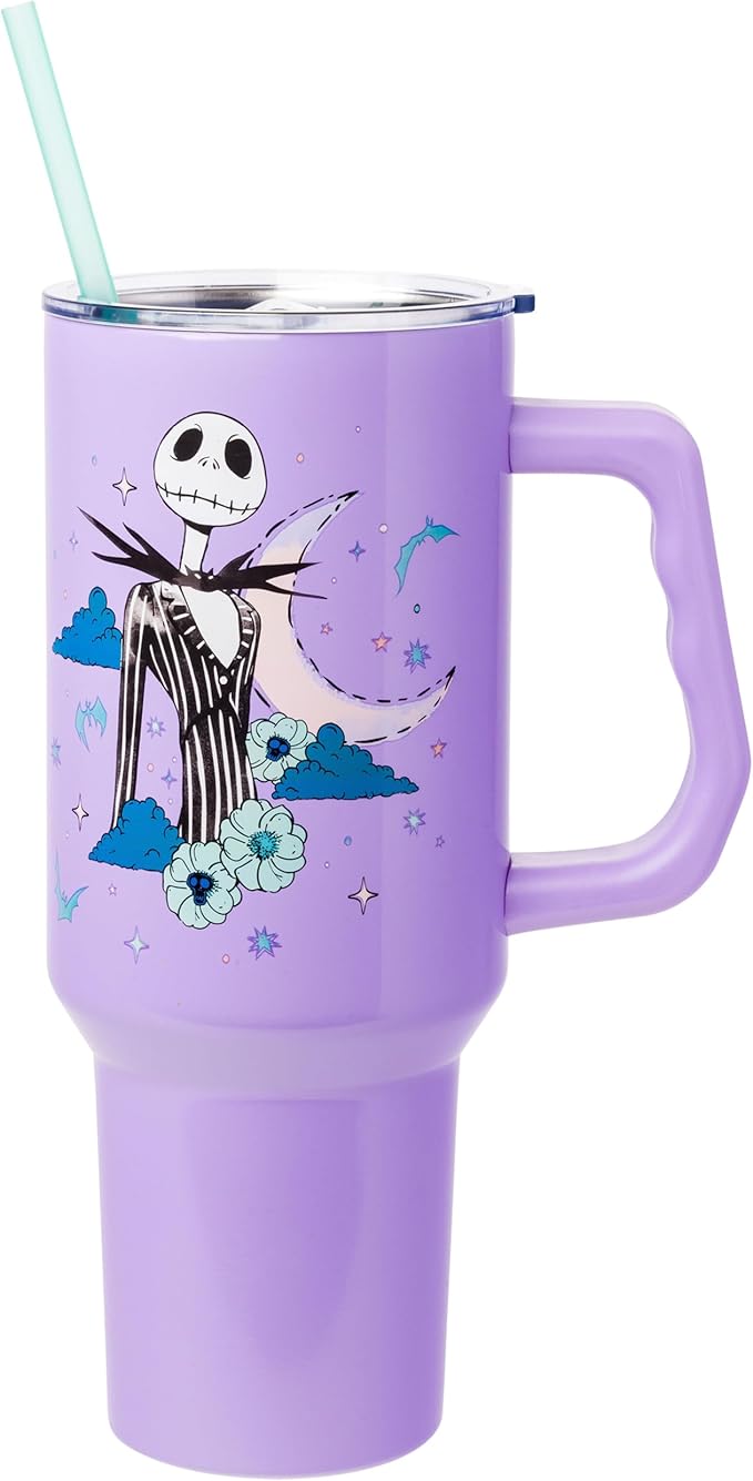 Silver Buffalo Disney Nightmare Before Christmas by Tim Burton Jack Skellington Stainless Steel Tumbler with Handle and Straw, Fits in Standard Cup Holder, 40 Ounces (Pack of 12)