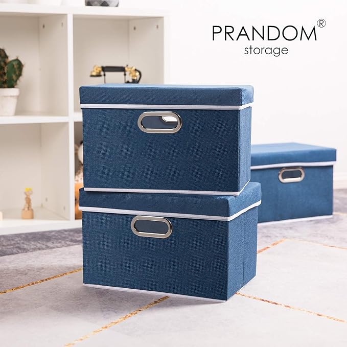 Collapsible Storage Bin with Lid [3-Pack] Fabric Foldable Storage Box Organizer Container Basket Cube with Cover for Home Bedroom Closet Office Nursery Royal Blue(14.9x9.8x9.8)