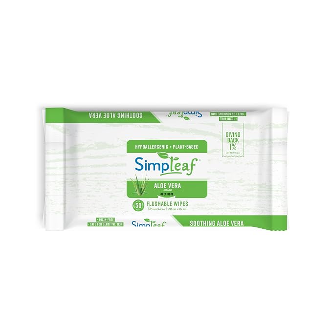 Simpleaf Flushable Wet Wipes | Eco- Friendly, Paraben & Alcohol Free | Hypoallergenic & Safe for Sensitive Skin | Soothing Aloe Vera & Vitamin E Formula | (50-Count) 1 Pack