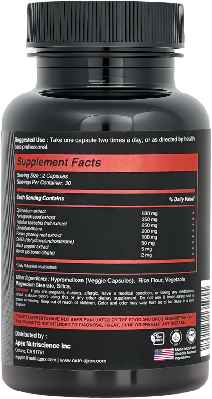 Testosterone Supplement for Men – Natural Herbal Blend with Fenugreek, Tribulus, Panax Ginseng & DHEA – Supports Energy, Stamina & Healthy T-Levels – 60 Veggie Capsules, Made in USA