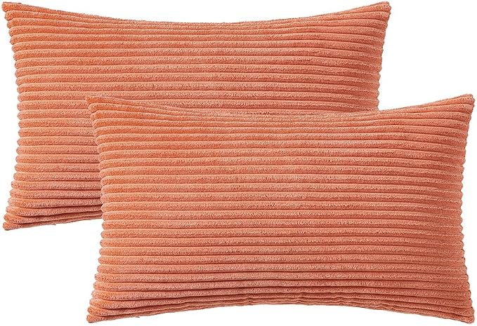 MIULEE Lumbar Corduroy Throw Pillow Covers Set of 2 12x20 Coral Red | Decorative Soft Striped Textured Cushion Cases, Lovely Cute Pillowcases for Home Decor, for Couch Chair Sofa Bed Living Room