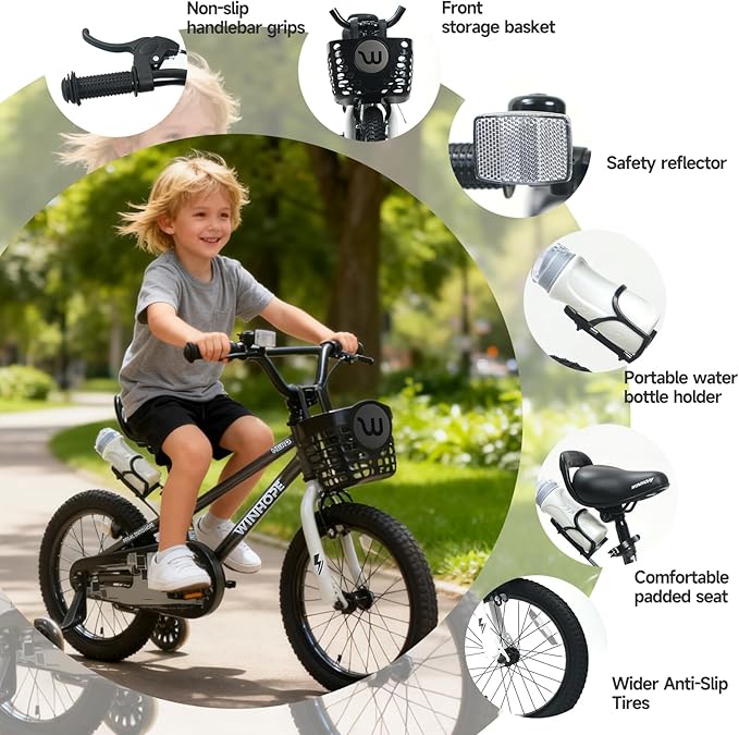 WinHope Kids Bike, 12-18 Inch Toddler Bicycle with Removable Training Wheels and Dual Brakes, Children Bike for Beginner with Adjustable Seat and Headlebar for 2-9 Years Boys Girls, Multiple Colors