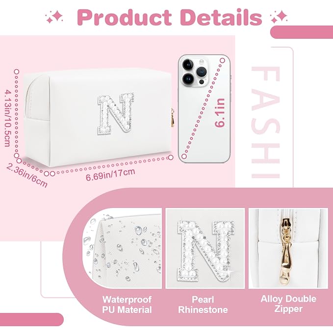Bride Gifts – Personalized Initial Makeup Bag with Pearl Rhinestone Patch, Preppy White Monogram Cosmetic/Toiletry Pouch, bridesmaid Gifts, Bridal Shower Gifts, Wedding Gifts, Bridal Gifts,N