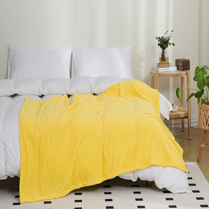 Puncuntex Fleece Throw Blanket Bright Yellow 60"×80"with Square Grid Design | Super Soft Plush Cozy Flannel Throw Blanket Luxury for Couch Sofa Chair