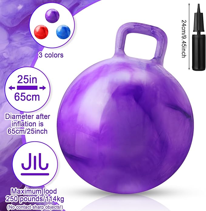 Libima 3 Pcs Hopper Ball 25 Inch Outdoor Bouncy Balls with Handles Marbling Color Bounce Balls Inflatable Jumping Hopping Ball with Air Pump for Indoor School Games Sports Supplies, 3 Colors
