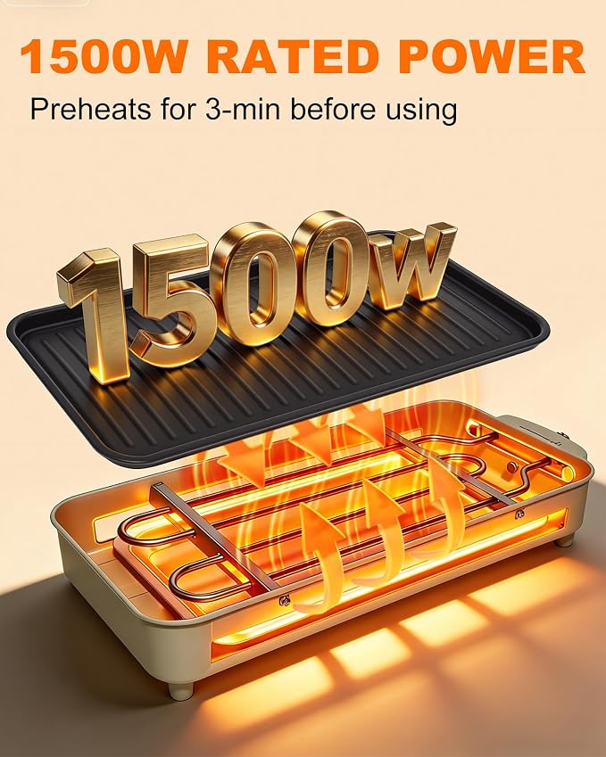 1500W Smokeless Electric Indoor Grill, 3 in 1 Korean Barbecue Grill with Net & Non-Stick Removable Plate and Magnet Strip, Temperature Control & Dishwasher Safe, Smokeless Korean BBQ for Kitchen Party