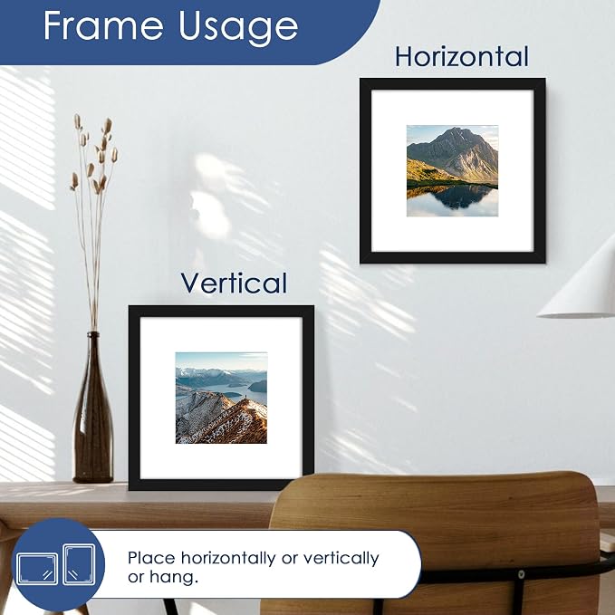 8x8 Picture Frame Set of 6, Wall or Tabletop Display, Black | Display Pictures 5x5 with Mat or 8x8 Without Mat, Horizontal or Vertical, Gallery Wall Frame Set, Wedding Birthday Gifts