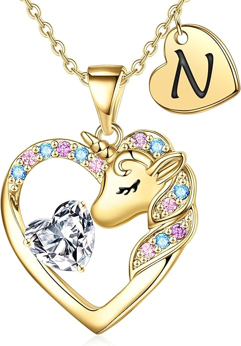 Unicorn Necklace Gifts for Girls Kids - Colorful CZ Heart Initial Necklaces Unicorn Necklace for Girls Jewelry Birthday Gifts for Little Girl Kids