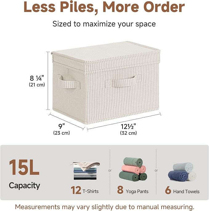 StorageWorks Closet Storage Bins, Fabric Storage Bins with Lids | Flip-Top Lid, 3 Handles, Collapsible, Stackable, for Clothes Blankets, Multi-Purpose, Medium, Khaki and Beige Stripes, 2-Pack