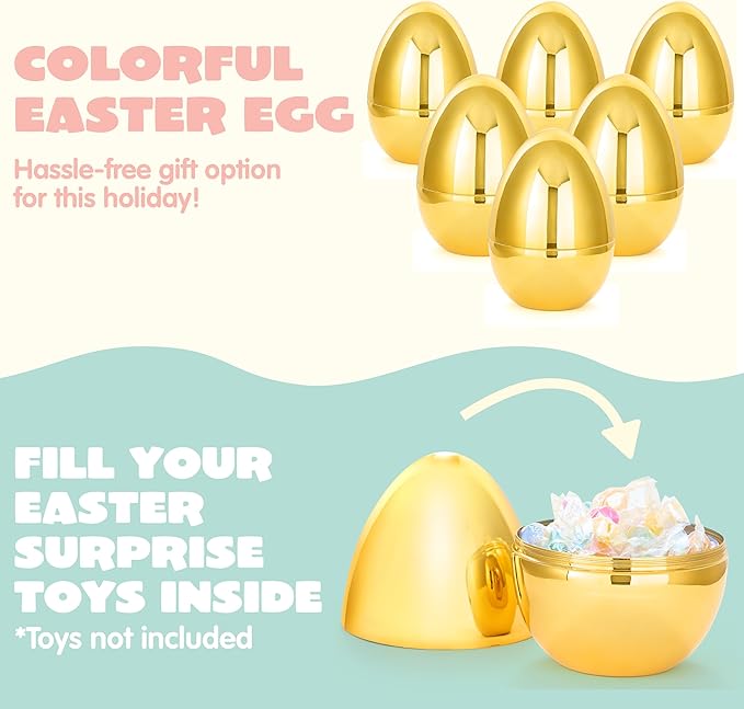 JOYIN 6 Pcs Large Gold Easter Eggs, 6 Inches Metallic Jumbo Plastic Eggs Fillable for Easter Themed Hunt Basket Stuffers Fillers Filling Treats Party Favor Classroom Prize Supplies