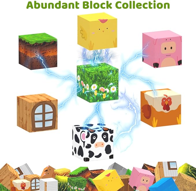 138 PCS Magnetic Blocks, Magnetic Building Blocks for Kids, Farm Construction Magnet Cubes Set for Girls Boys, Sensory STEM Toys for Kids Toddlers Ages 3+ Birthday