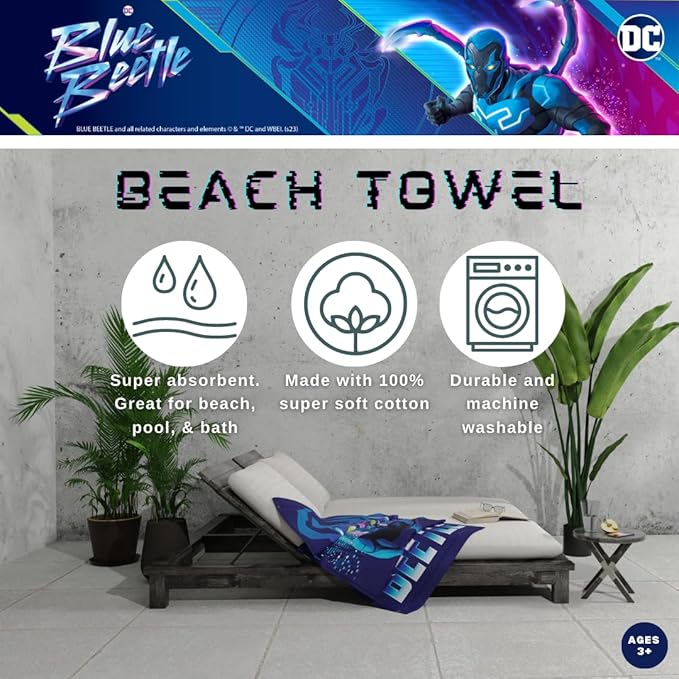 Blue Beetle Kids Super Soft Cotton Bath/Pool/Beach Towel, 58 in x 28 in, (Official Licensed Product) by Franco