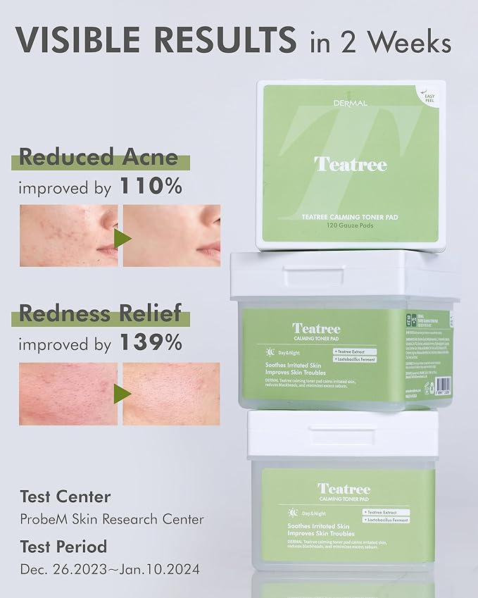 DERMAL Teatree Calming Toner Pad - Korean Toner Pad for Calming & Acne Improvement with Zinc PCA - Vegan Gauze Tencel Square Pads - Travel Kit 12 Pads, 3 Pack (Total 36 ea)