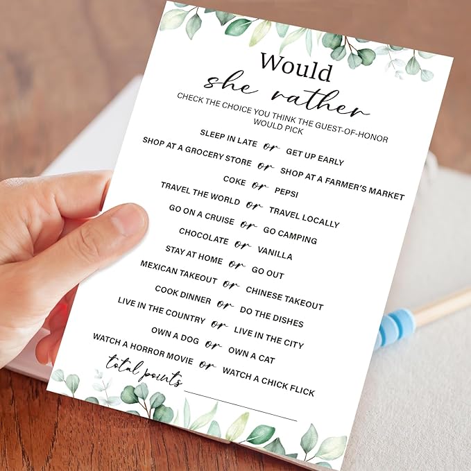 30 Pcs Would She Rather Bridal Shower Game Wedding Shower Games, Bridal Shower Games 30 Guests for Engagement Wedding Party(Eucalyptus Botanical Style) -0012
