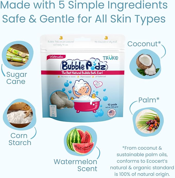 TruKid Bubble Podz Bubble Bath for Kids, Toddlers, & Babies, Tear Free Gentle & Refreshing Bath Bomb for Sensitive Skin with Natural Moisturizers, Non-Toxic, pH Balanced, Watermelon Scent (60 Podz)