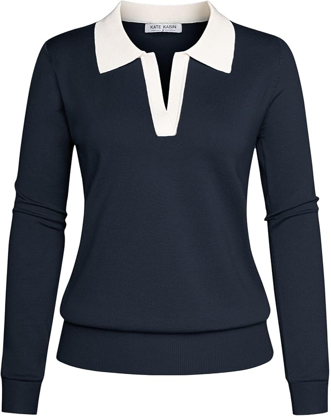 Women's Long Sleeve Classic V Neck Casual Fall Winter Polo Sweater Tops | Basic Collared Knitted Fashion Work Business Formal Daily Wear Versatile Pullover Shirts