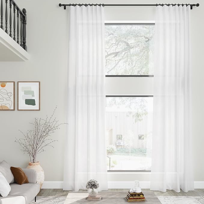 Nanspring White Linen Extra Long Curtains for Living Room 139 Inches Long Back Tab Curtains 2 Panels Set Farmhouse Light Filtering Semi Sheer Linen Drapes Ceiling to Floor for Large Window 52x139