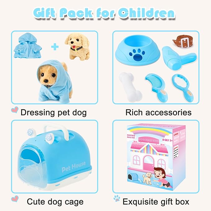 Dog Toys for Kids Girls, Walking and Barking Electronic Interactive Plush Puppy Toy Set and Pet Care Toy Set Accessories, Pretend Playset for Toddlers, Girl Role Play Gift for 3 4 5 6 Year Old