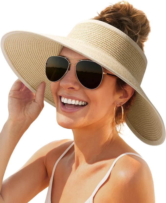 FURTALK Womens Sun Hat with Ponytail Hole Wide Brim Beach Straw Visor | Foldable & Packable for Beach Vacations, Adjustable Fit for Messy Buns, Detachable Windproof Strap, Sweat-Wicking Inner Band