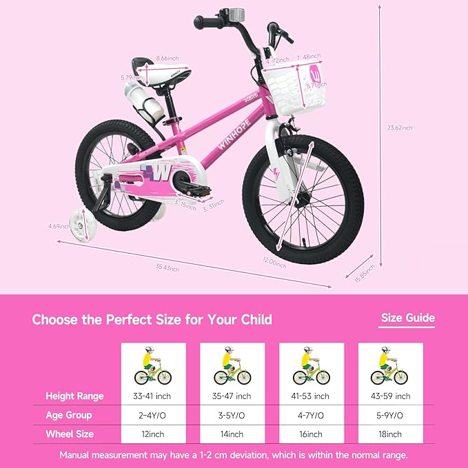WinHope Kids Bike, 12-18 Inch Toddler Bicycle with Removable Training Wheels and Dual Brakes, Children Bike for Beginner with Adjustable Seat and Headlebar for 2-9 Years Boys Girls, Multiple Colors