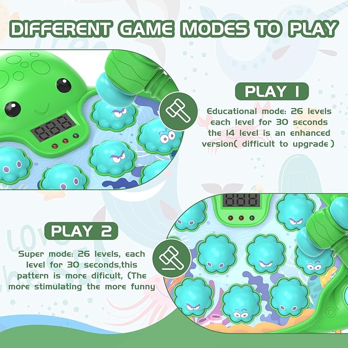 Octopus Vitality Strike Game, Educational Musical Whack-A-Mole Toy with 2 Game Modes, Digital Score Display, Ages 2+ (Green)