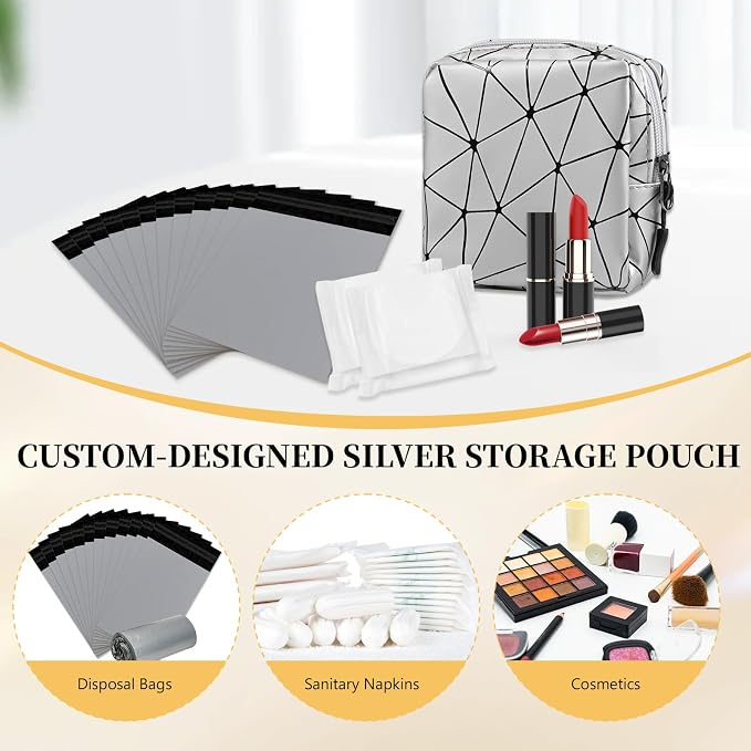 Sanitary Napkin Disposal Bags with Portable Storage Pouch Set, 100Pcs Silver Thick Leak-Proof, Odor-Lock Feminine Hygiene Disposal Bags for Pads Tampons, Perfect for On-the-Go Essentials