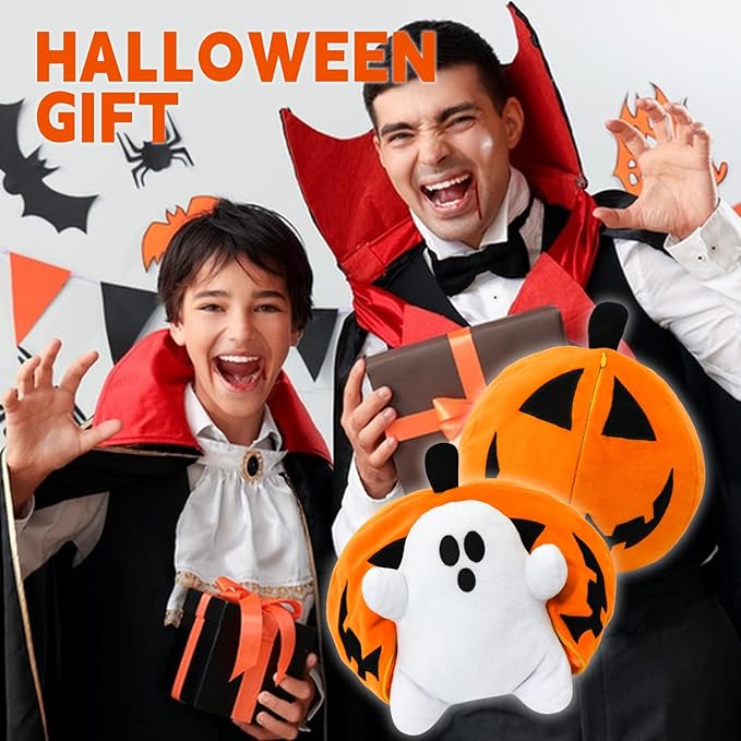 Halloween Pumpkin Ghost Plush Toy with Zipper – Cute Jack-o’-Lantern Ghost Pillow Decoration – Soft and Cuddly for Boys and Girls Plush Toy (Halloween Plush-A)