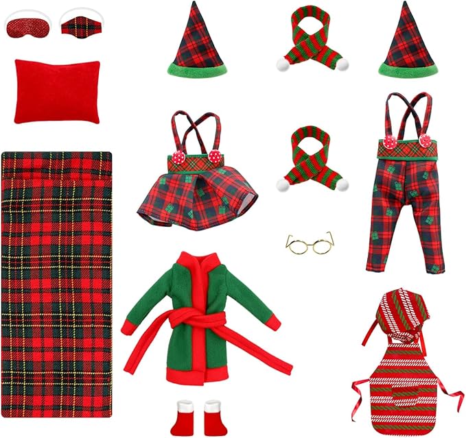 Christmas Doll Clothes Accessories Kits, 15PCS Christmas Checkered Suspender Pants & Skirt, Sleeping Bag, Bathrobe, Apron, Skirt , Glasses, Eye Mask, Scarf for Doll Holiday Decoration