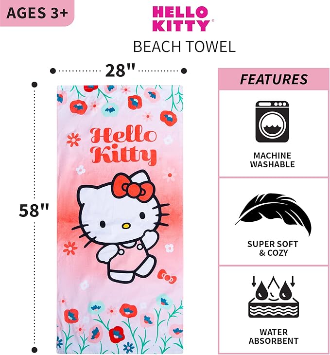 Franco Kids Super Soft Cotton Beach Towel, 58 in x 28 in, Hello Kitty