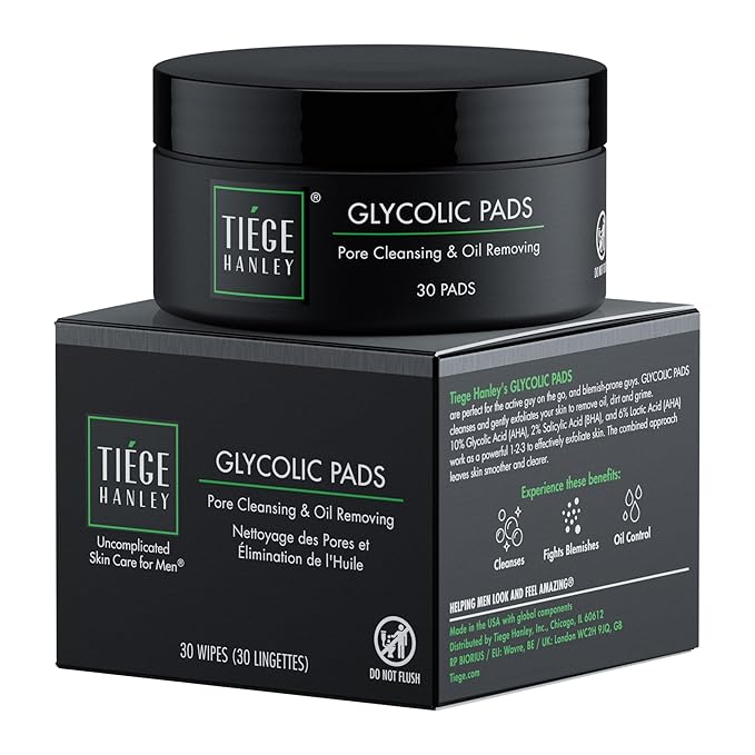 Tiege Hanley Glycolic Acid Pads for Men, Exfoliating Face Cleansing Pads for Forehead, Nose & Cheeks, Facial Wipes with Glycolic, Salicylic & Lactic Acid, Men’s Skin Care, 30 Count