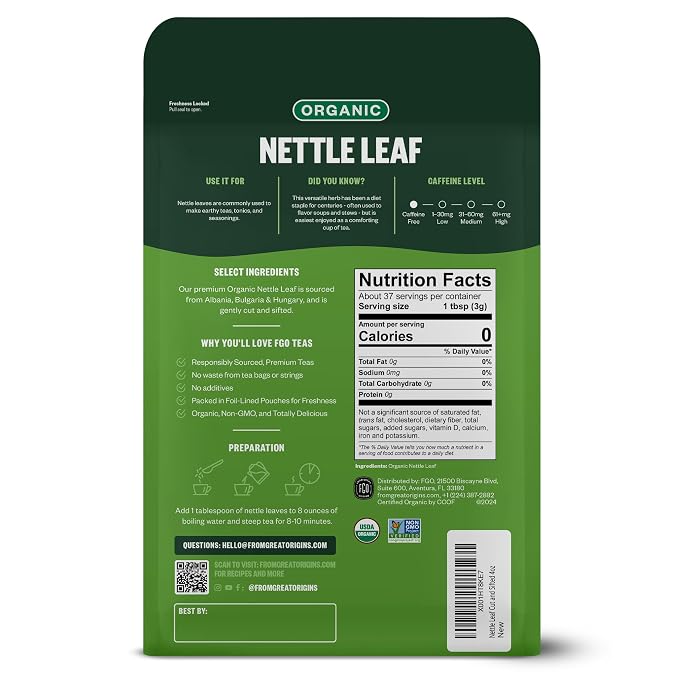 FGO Organic Nettle Leaf Loose Tea, Cut and Sifted, Caffeine Free, 4oz Resealable Bag, Packaging May Vary (Pack of 1)