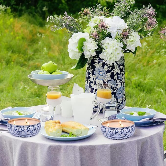 Citronella Candles Outdoor, Large 3-Wick 13.5oz Soy Wax Candle in Blue and White Container for Summer Patio Porch, 3 Packs