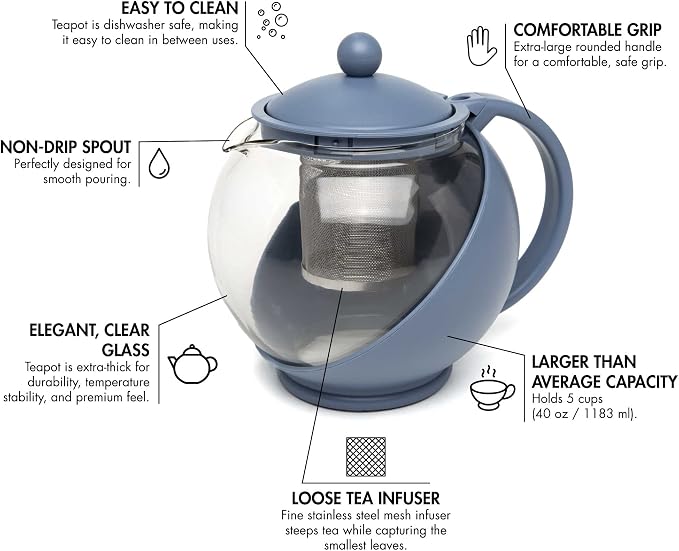 Primula Half Moon Teapot with Removable Infuser, Glass Tea Maker with Reusable Fine Mesh Stainless Steel Filter, Dishwasher Safe, 40-Ounce, Blue