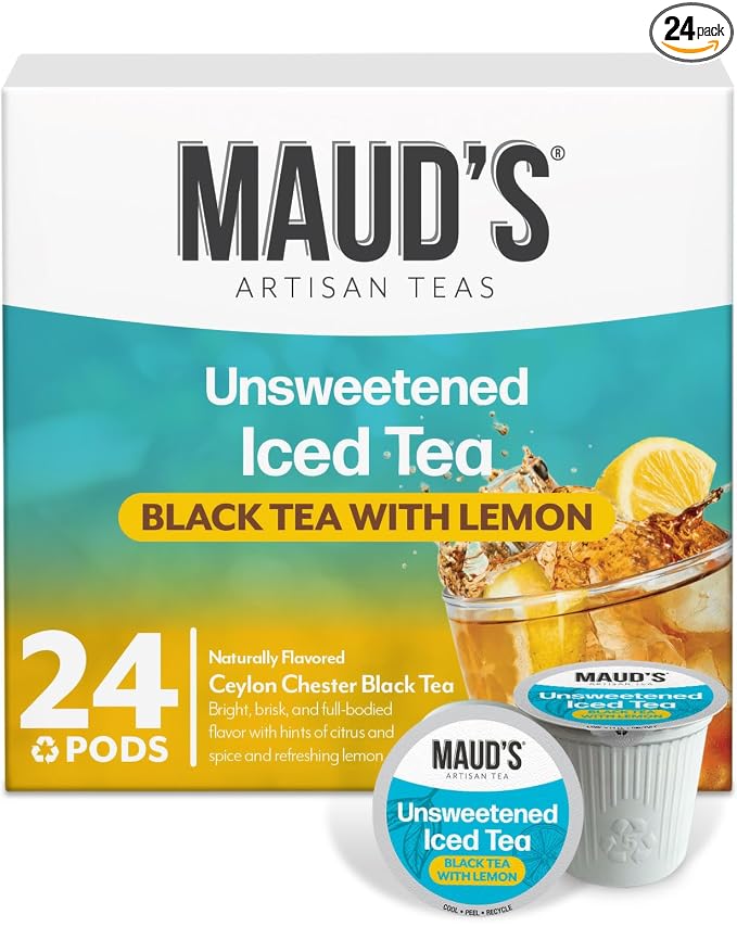 Maud's Iced Black Tea Pods with Lemon, 24 ct, Single Serve Pods – 100% Gourmet Blended Tea Leaves, Compatible with Keurig K Cups Maker