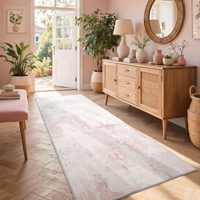 2x6 Ft Washable Runner Rug, Non-Slip Low Pile Hallway Kitchen Area Rug, Soft Long Entryway Floor Mat Abstract Pattern Carpet for Bedside & High-Traffic Areas (Pink)