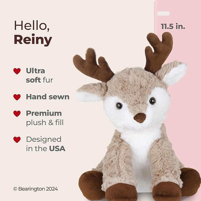 Bearington Reiny Plush Reindeer Stuffed Animal, 11.5 Inch Stuffed Reindeer Plush Toy, Ideal Christmas Stuffed Reindeer Gift for Toddlers, Kids & Teens, for Ages 3-14