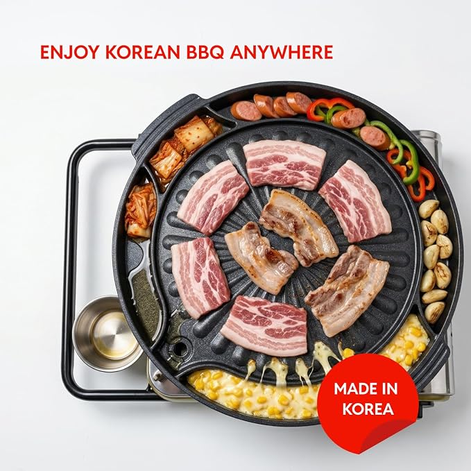 Master Grill Pan for Korean BBQ, 15", Stovetop Nonstick Smokeless Scratch-Resistant, Oil Draining Hole, Safety Hand Grip, For Grilling Vegetable Egg Meat Garlic Cheese Kimchi Made in Korea