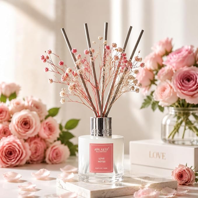Airkeep Reed Diffuser Set,3.38 fl oz (100 ml) - Love Notes Oil Diffusers with 8 Reed Sticks, Home Fragrance Reed Diffuser for Bathroom Shelf Decor