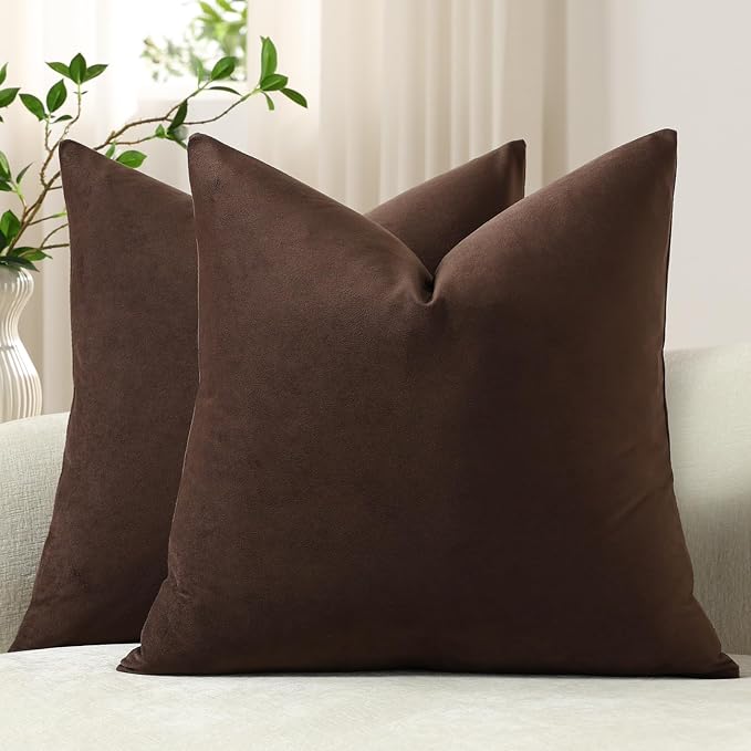 Throw Pillow Covers 20x20 Chocolate Brown: Pack of 2 Cozy Soft Velvet Square Modern Luxury Decorative Throw Pillow Cases for Sofa Couch Living Room Bed Home Decor