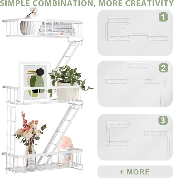 Fire Escape Shelf - 3 Tier White Wall Display Floating Shelves, Metal Decorative Shelving for Bedroom, Home Décor, Action Figure Display