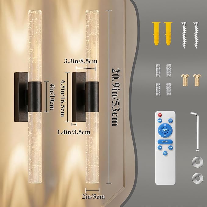 camuucci Battery Operated Wall Sconces Set of 2, Rechargeable Wall Lights | 12000mAh Long-Lasting Battery,Dimmable Cordless Sconce,No Wiring Needed for Bedroom,Living Room,Black 20.9-Inch