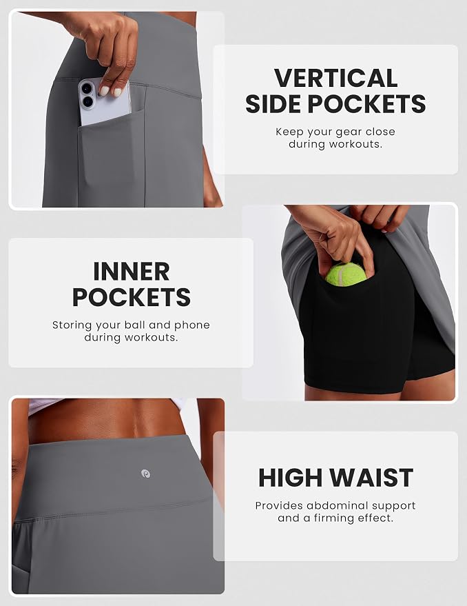 PINSPARK 19" Knee Length Skorts for Woman with Pockets UPF 50+ Golf Skirts | 4 Pockets, Built-in Shorts, High Waisted & Tummy Control, Moisture-wicking for Golf Athletic Tennis Workout Casual